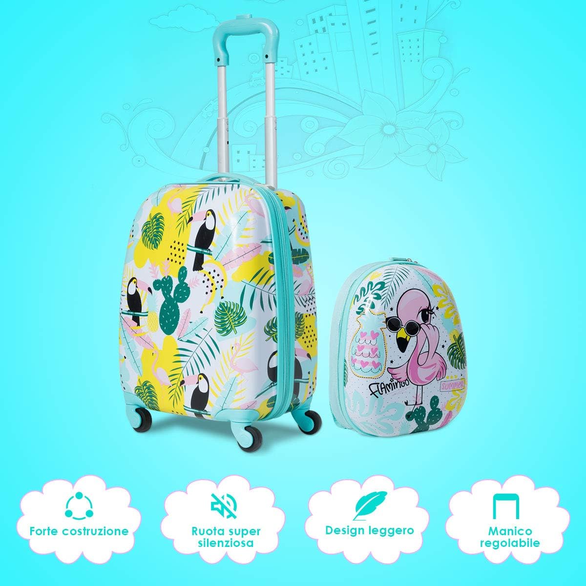 2 Pezzi Valigia per Bambini con Maniglia Retrattile + Zaino Bagaglio a Mano, Set Trolley Valigia per Bambini con Ruote Girevoli a 360 °