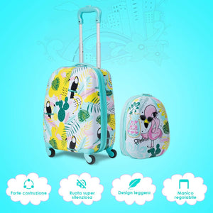 2 Pezzi Valigia per Bambini con Maniglia Retrattile + Zaino Bagaglio a Mano, Set Trolley Valigia per Bambini con Ruote Girevoli a 360 °