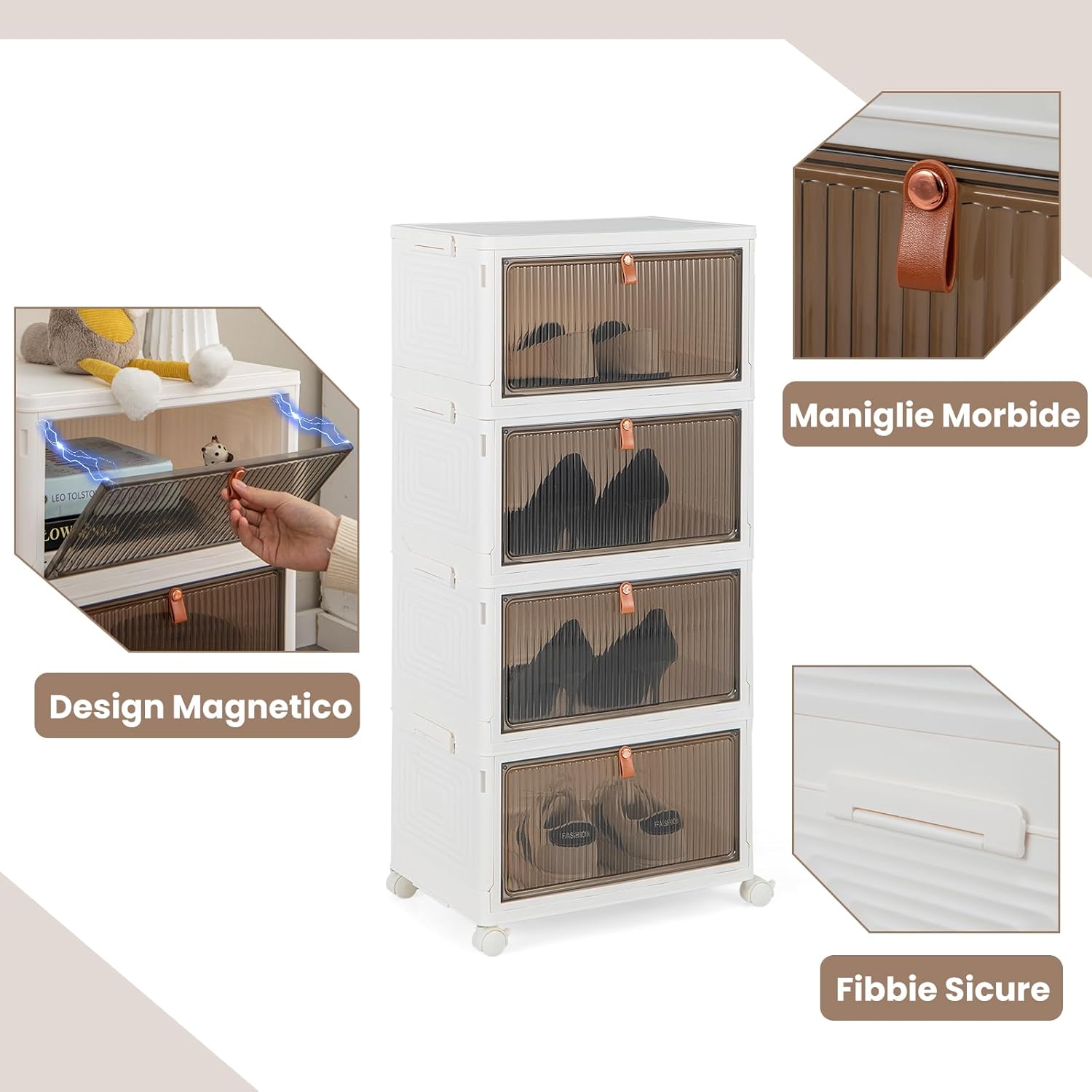 Scarpiera Pieghevole a 3/4/6 Piani, Mobile Multiuso Impilabile con Porte Trasparenti Magnetiche e Ruote Piroettanti Bloccabili, Contenitore con Coperchio per Cibi Giocattoli Abiti (4 Piani)