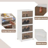 Scarpiera Pieghevole a 3/4/6 Piani, Mobile Multiuso Impilabile con Porte Trasparenti Magnetiche e Ruote Piroettanti Bloccabili, Contenitore con Coperchio per Cibi Giocattoli Abiti (4 Piani)