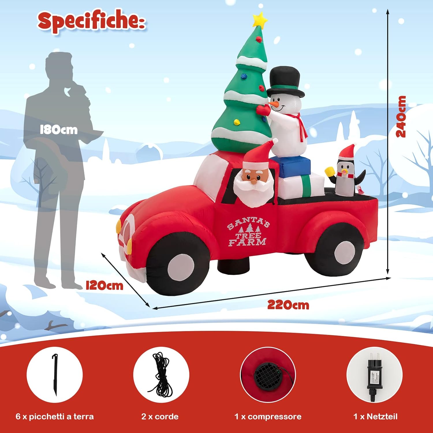 Decorazione Gonfiabile di Natale 240 cm, Gonfiabile di Babbo Natale con Pupazzo di Neve e Pinguino con LED e Soffiatore, per Prato, Casa, Festa