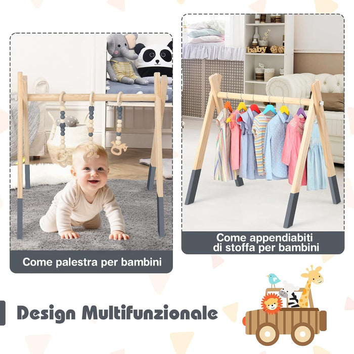 Palestrina per Bambini, Palestrina con Giocattoli per Dentizione Sviluppo Cerebrale Stimolazione Sensoriale, Pieghevole, in Legno, per Bambini 3+ Mesi (Grigio)