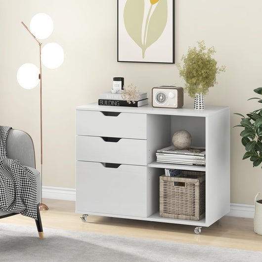 Cassettiera Ufficio, Mobiletto Rimovibili in Legno con 3 Cassetti Regolabili, 2 Scomparti e Ruote con Freno, Credenza Multiuso per Soggirno e Ingresso (Bianco)