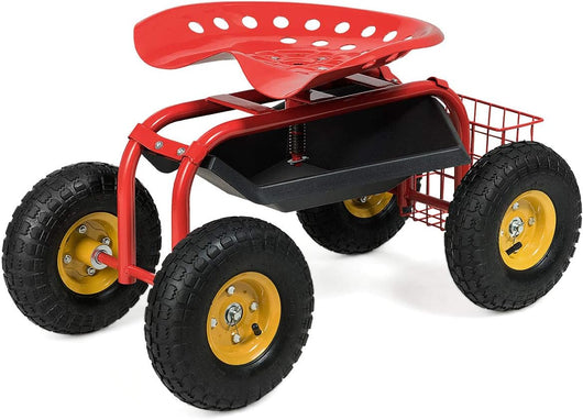 Sgabello da Giardino, Sgabello per Giardinaggio con Ruote, Sedile Regolabile in Altezza e Girevole a 360°, Cestello e Vassoio, Carrello per Prato e Giardino, Portata 150 kg(Rosso)