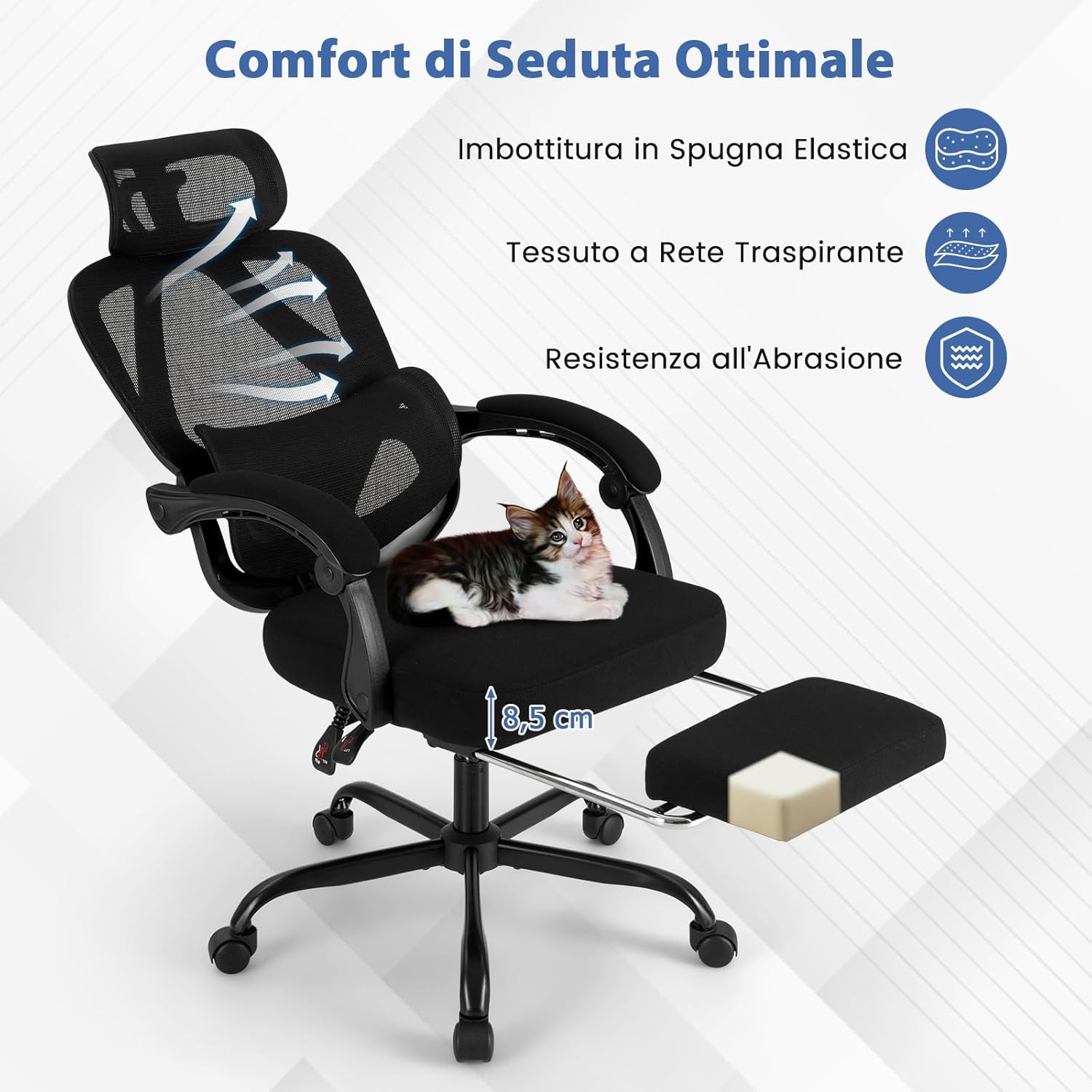 Sedia da Ufficio con Ruote, Sedia da Scrivania con Altezza Regolabile, Poggiapiedi Estraibile, Schienale Regolabile a 135°, Poggiatesta e Supporto Lombare Regolabili, Portata 160 kg