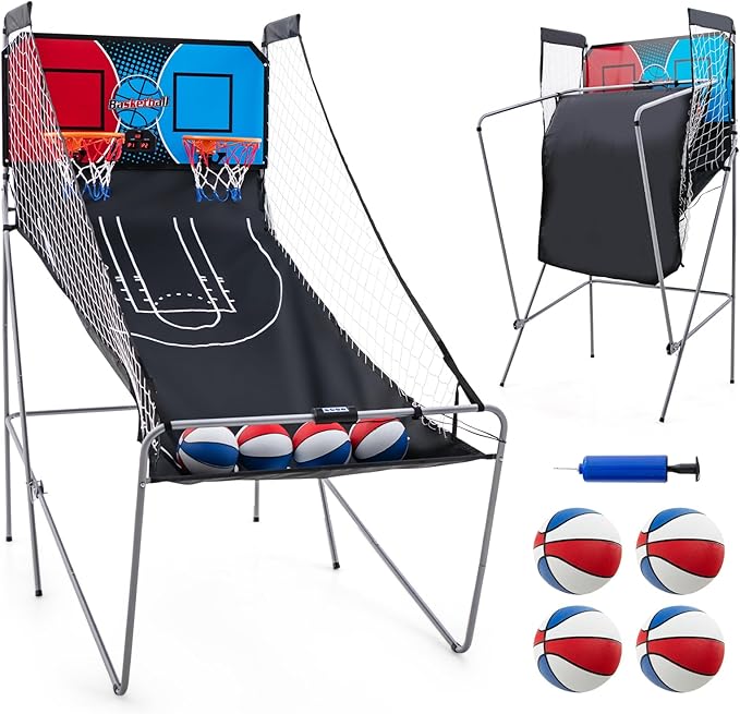 Macchina da Pallacanestro Elettronica Pieghevole, Gioco Arcade da Basket a Doppio Tiro per Casa con 8 Modalità di Gioco, Suono Arcade, Punteggio Elettronico, 4 Palloni e Pompa (Blu e rosso)
