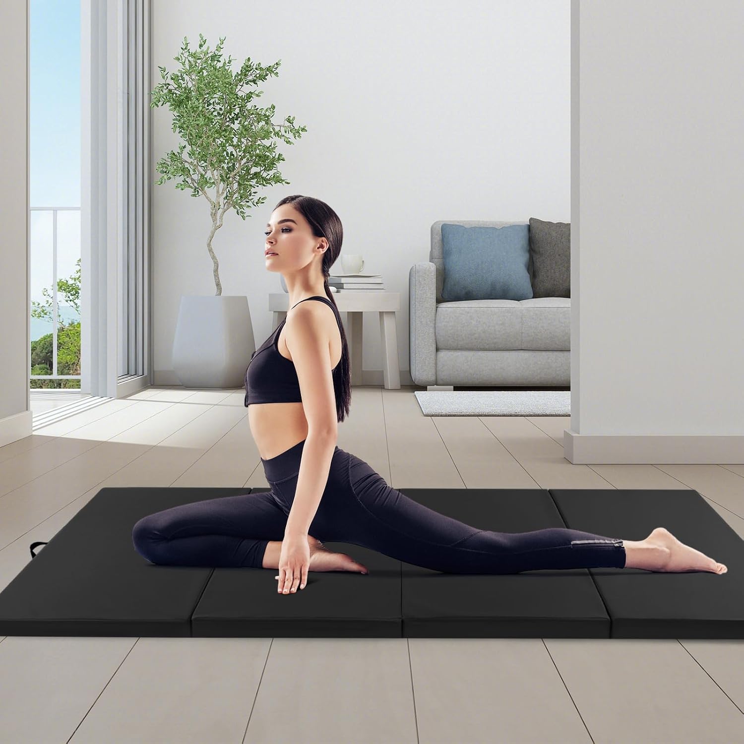 Tappetino per Ginnastica Pieghevole a 4 Pannelli con Maniglie, 300 x 117 x 5 CM, Tappetino in Ecopelle con Chiusure a Strappo per Ginnastica, Yoga, Stretching & Capriole