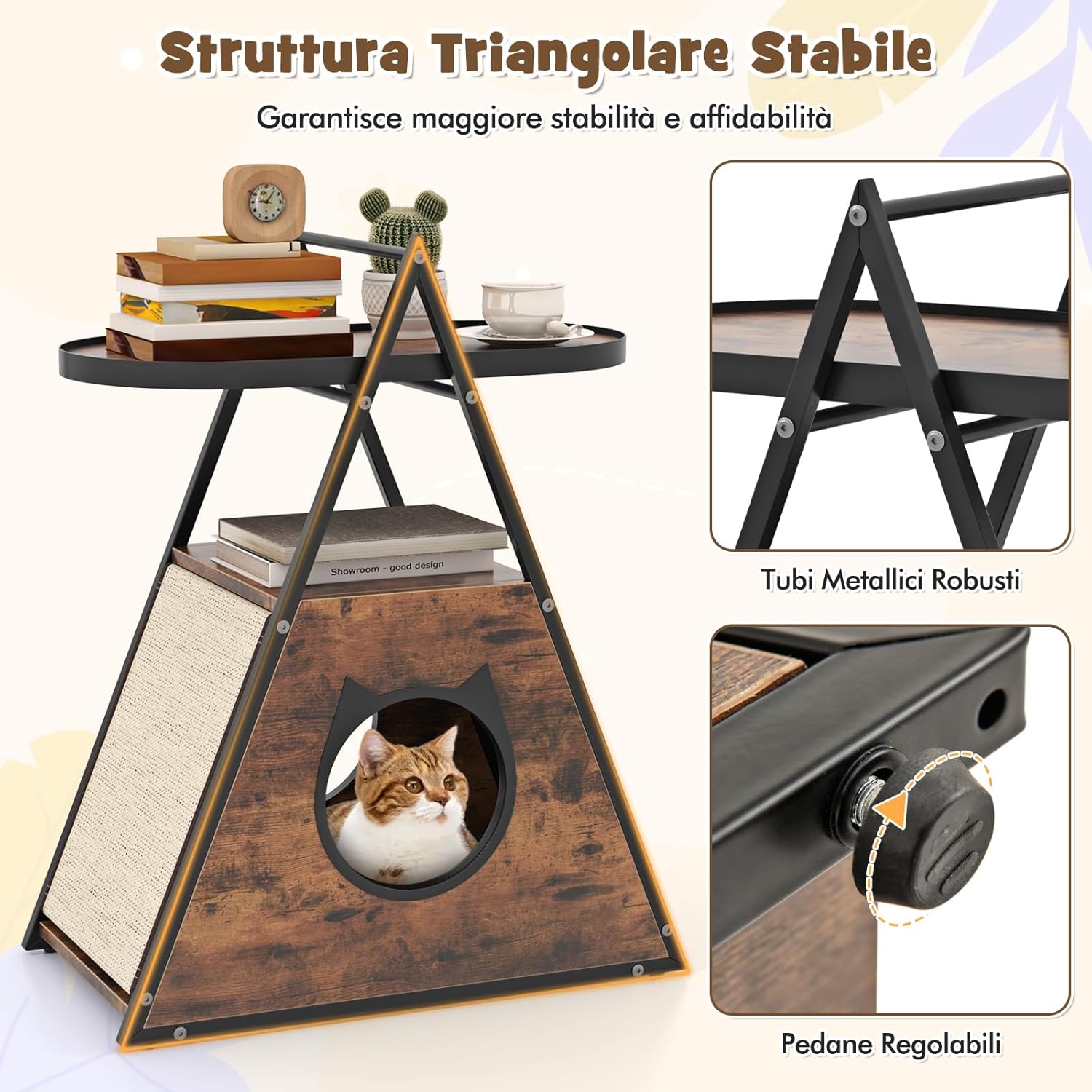 Mobile per Gatti, Tavolino Triangolare 2 in 1 con Condo Nascosto e Tappetini in Sisal, Comodino Moderno per Animali Domestici per Camera da Letto e Soggiorno in Legno e Metallo, 60 x 33 x 76cm