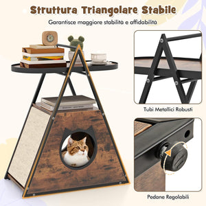 Mobile per Gatti, Tavolino Triangolare 2 in 1 con Condo Nascosto e Tappetini in Sisal, Comodino Moderno per Animali Domestici per Camera da Letto e Soggiorno in Legno e Metallo, 60 x 33 x 76cm