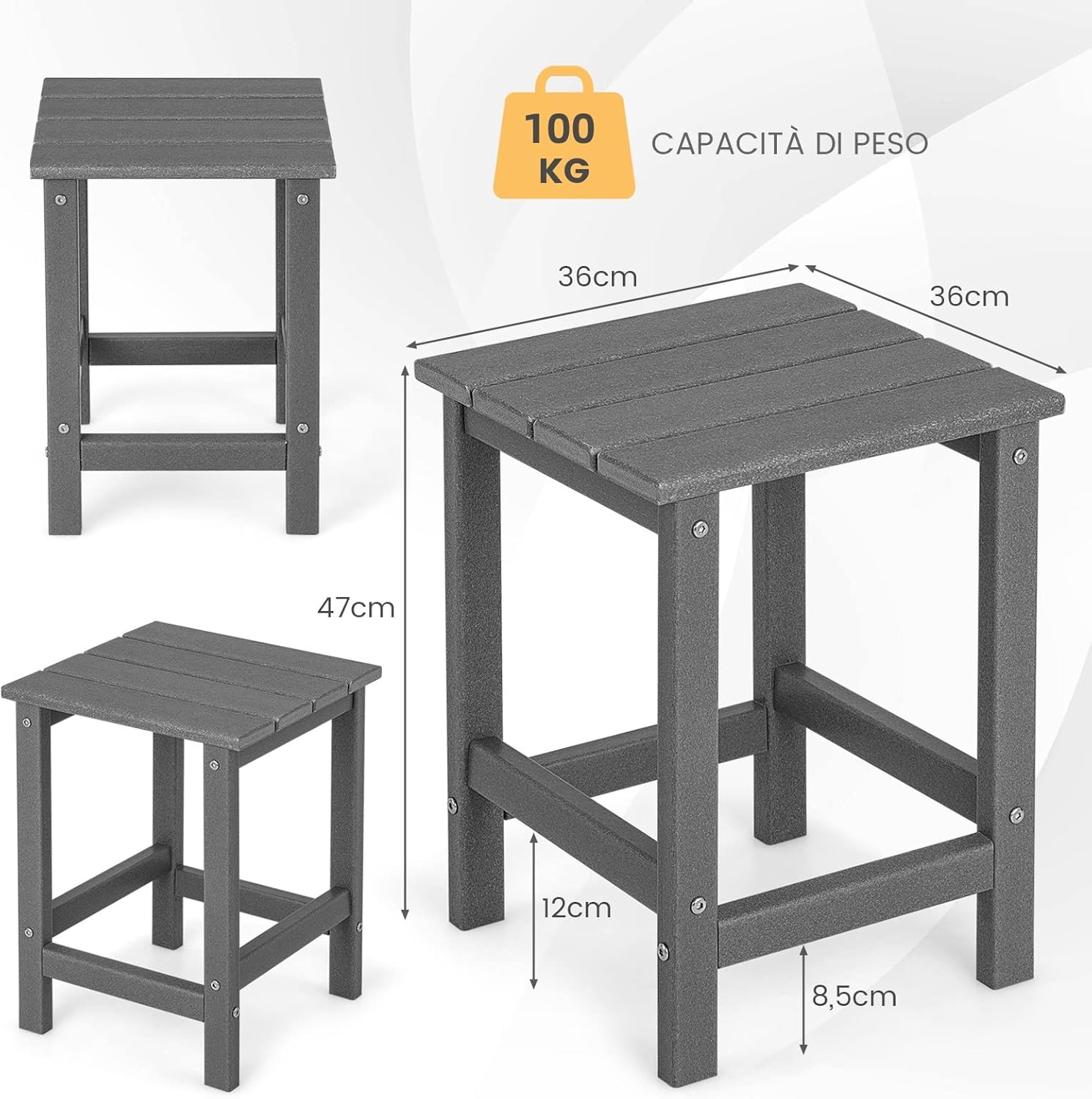 Tavolino da Giardino Quadrato per Esterno, Tavolo Adirondack in HDPE Resistente alle Intemperie, per Interno ed Esterno Patio, Portico, Giardino, Facile Manutenzione (Quadrato, Grigio)