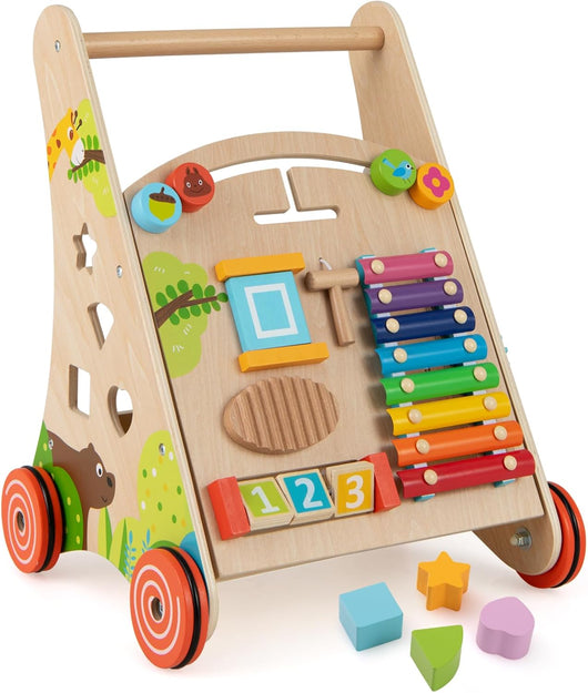 7 in 1 Girello per Bambini in Legno, Carrellino Primi Passi con Manico, Contenitore e Ruote, Giocattolo Montessori da Spingere e Tirare, Gioco Educativo per Bambini 3 + Anni (Modello 2)