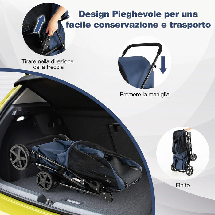 Passeggino per Cani Pieghevole, Carrozzina per Cani Multifunzionale 4 in 1 a Doppio Livello, Passeggino Smontabile con Ruote, Ideale per Passeggiata Viaggio e Shopping (Blu)