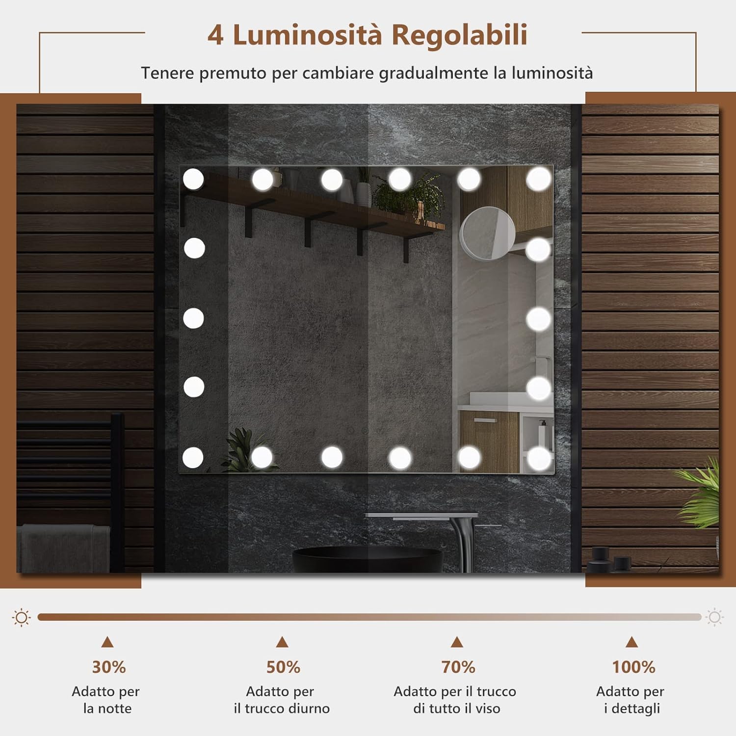 Specchio Trucco con 18 Luci, Specchio Rettangolare per Bagno con Interruttore a Sfioramento, Luce LED a 3 Colori, Luminosità Regolabile, 65 x 52,5 cm
