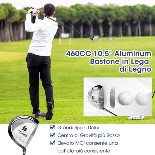 Set Completo di Mazze da Golf da Uomo, 9 Pezzi, Include Driver in Lega, Legno Fairway 3, Ibrido 4, Ferri 6, 7, 8, 9 e P, Putter e Copri Testa per Golfisti Destrimani
