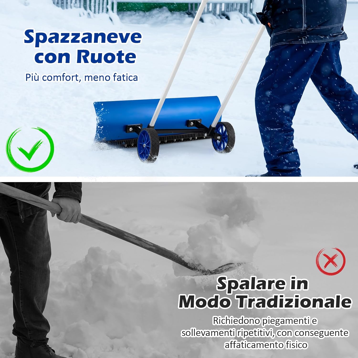 Pala da Neve con Ruote con Lama da 95 cm Angolata, Spazzaneve in Alluminio Manico Regolabile a 90Â° a Forma di U, Spala Neve Manuale per Ingresso, Marciapiedi e Vialetto
