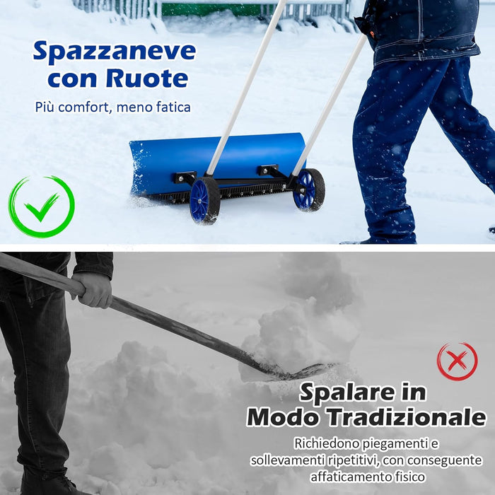 Pala da Neve con Ruote con Lama da 95 cm Angolata, Spazzaneve in Alluminio Manico Regolabile a 90Â° a Forma di U, Spala Neve Manuale per Ingresso, Marciapiedi e Vialetto