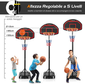 Canestro da Basket Bambini da Esterno, Canestro da Basket Regolabile in 5 Altezze e Portatile con Rete Durevole e Tabellone Infrangibile, 44,5 x 73,5 x 155-210 cm