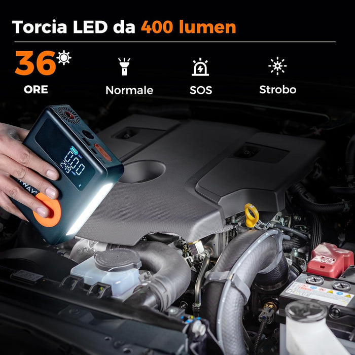 Avviatore di Emergenza con Compressore Aria, 2000A Avviatore di Batteria per Auto 12V con Gonfiatore Digitale da 150 PSI, 13000 mAh, Batteria al Litio Portatile con Schermo LED