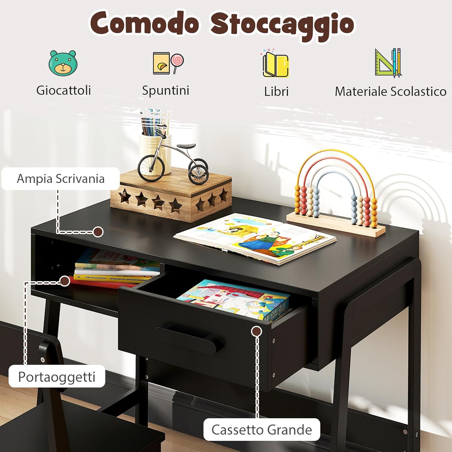 Set Tavolo e Seide per bambini in Legno, Scrivania e Sedia con Cassetto e Scomparto, Tavolino e Sedia per Cameretta, Soggiorno e Scuola (Nero)