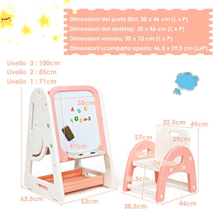 Cavalletto per Dipingere 2 in 1 Multifunzione per Bambini Altezza Regolabile, Libreria Bambini Lavagna Doppia Faccia , con Sedia e Accessori (Rosa-Arancione)
