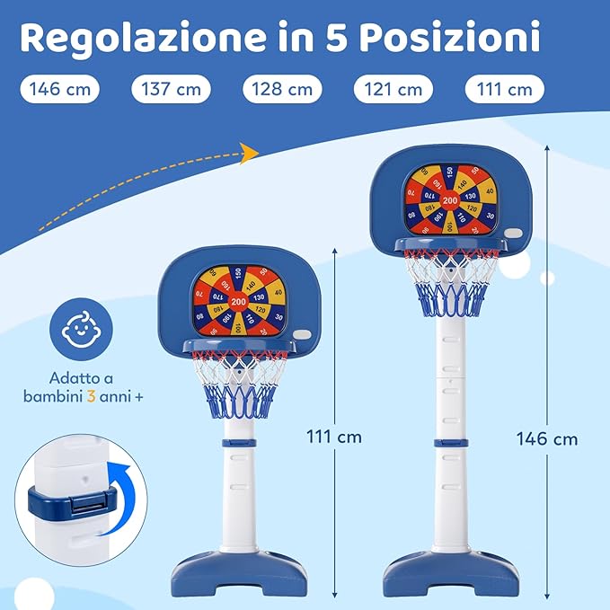 4 in 1 Pallacanestro per Bambini, Canestro da Basket Regolabile con Gioco dell'Anello, Palla Appiccicosa e Set da Golf, 53x51x100-140 cm
