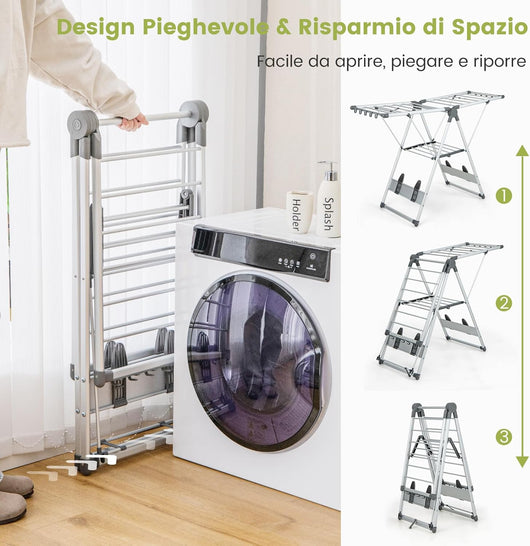Stendibiancheria Pieghevole a 2 Livelli in Alluminio, Stendino Pieghevole con Altezza Regolabile a 5 Livelli, 21 Bacchette, 10 Mollette Laterali, 4 Supporti per Scarpe, Interni ed Esterni