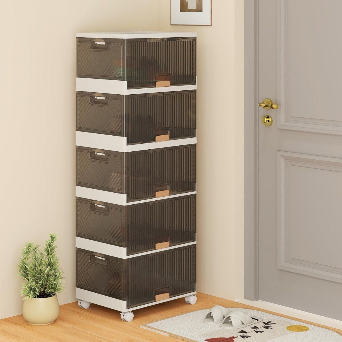Grande organizer per casa con porte scorrevoli, Scatole pieghevoli per scarpe con ruote staccabili Bianco-Cassettiere