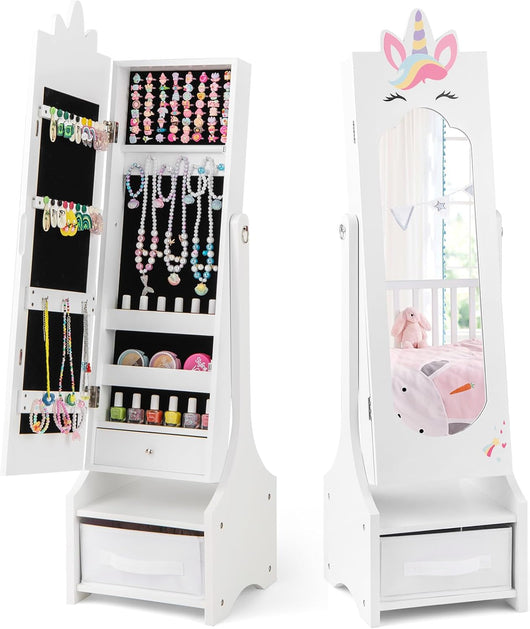 Armadietto Portagioie per Bambini 31,5 x 30 x 115cm, Specchio a Figura Intera a Forma di Unicorno con Ganci, Ripiani e Cassetti, Specchiera da Toeletta per Cameretta (Bianco)