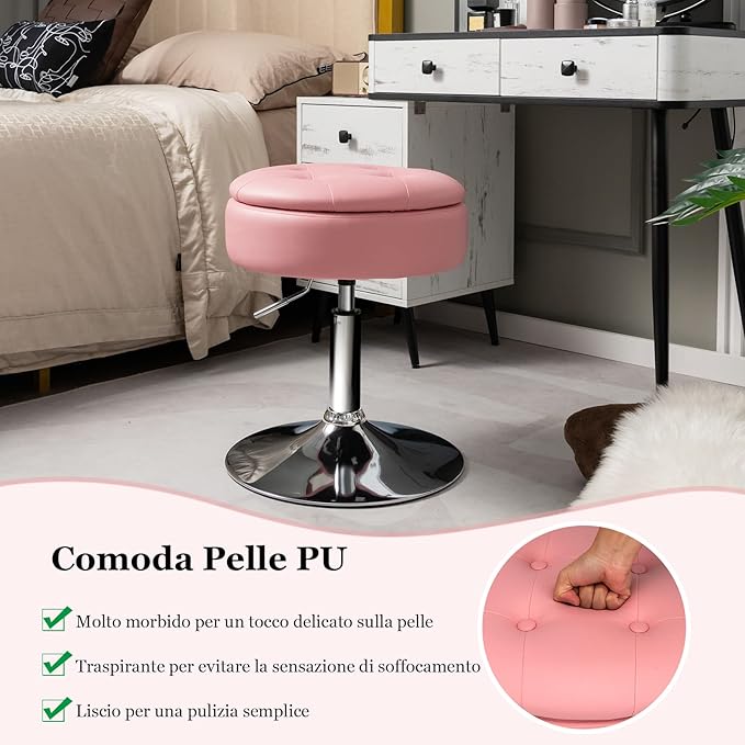 Sgabello Girevole Altezza Regolabile con Portaoggetti, Poggiapiedi Sgabelli da Trucco, Tavolino da Caffè, Sgabello da Lavoro Rotondo in Finta Pelle per Bar, Ufficio, Soggiorno, Camera (Rosa)