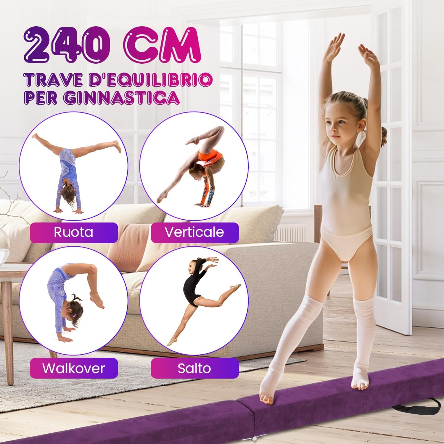 Trave Ginnastica Artistica per Casa 210/240 cm, Trave Pieghevole per Bambini con Maniglia, Base in Legno e Fondo Antiscivolo, Trave di Equilibrio da Pavimento