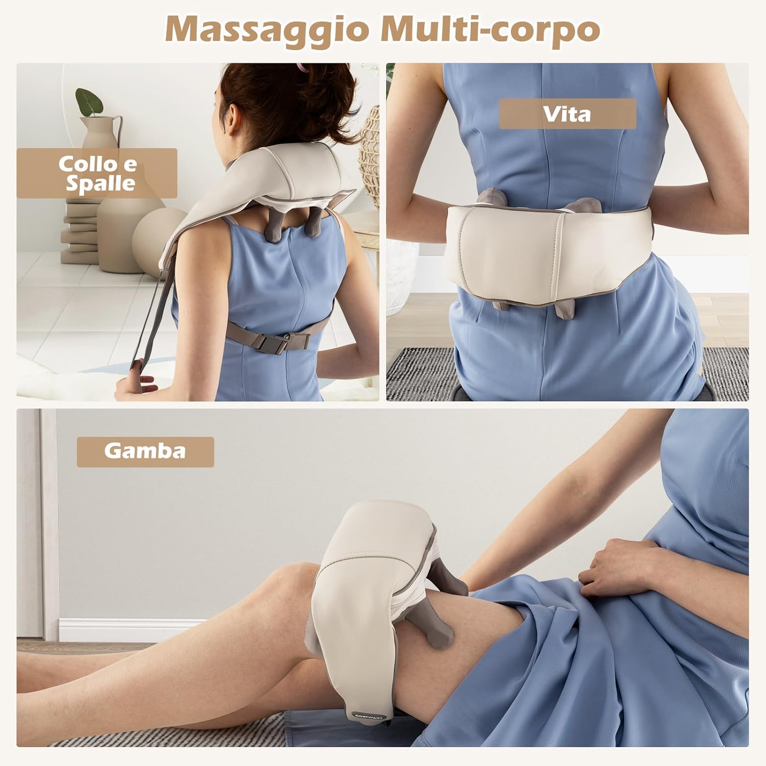 Massaggiatore Cervicale, Massaggiatore Shiatsu per Collo e Spalle Senza Fili con Impasto Profondo 4D dei Tessuti con Riscaldamento, 2 Modalità e 2 Livelli di Intensità (Beige)