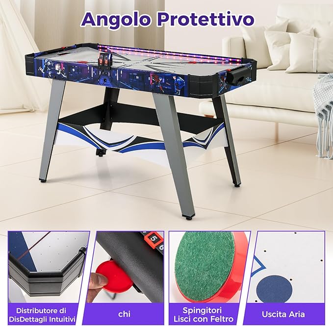 Air Hockey da Tavolo con 2 Spintori e Dischi, Piedini Regolabili, Tavolo da Hockey Alimentato con 12V Motore e Tabellone Segnapunti LED, Tavolo Hockey da Interno 137 x 65 x 86 cm