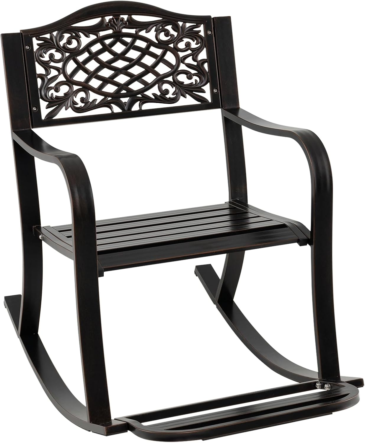 Sedia a Dondolo da Giardino Stile Rustico, Sedia da Esterno in Alluminio con Poggiapiedi, Schienale Decorativo e Braccioli, Dondolo per Giardino e Balcone, 102 x 62,5 x 89 cm, Marrone