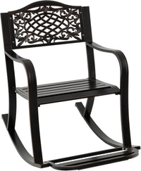 Sedia a Dondolo da Giardino Stile Rustico, Sedia da Esterno in Alluminio con Poggiapiedi, Schienale Decorativo e Braccioli, Dondolo per Giardino e Balcone, 102 x 62,5 x 89 cm, Marrone