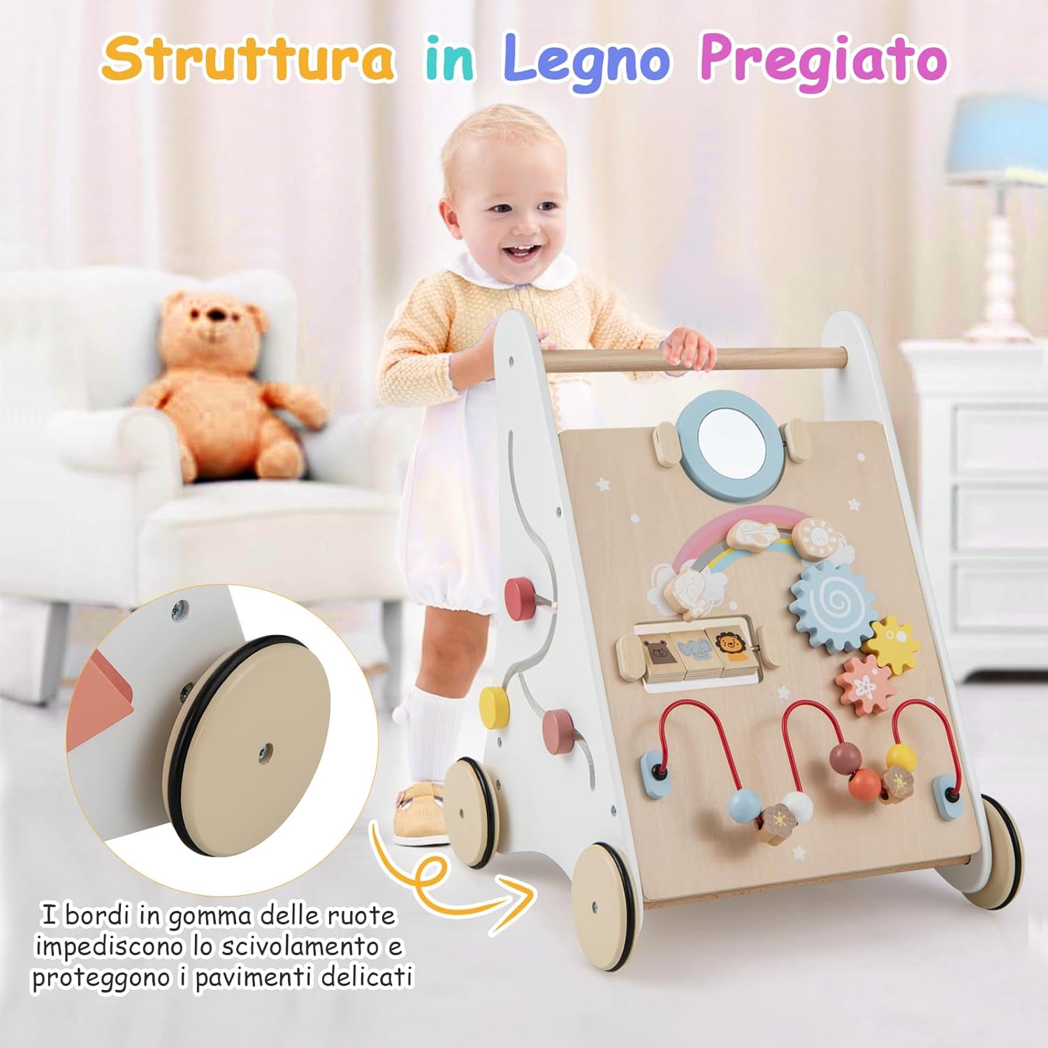 Carrello Primi Passi per Bambini 7 in 1, Girello per Bambini in Legno, con Giochi Educativi, per Bambini 1+ Anno