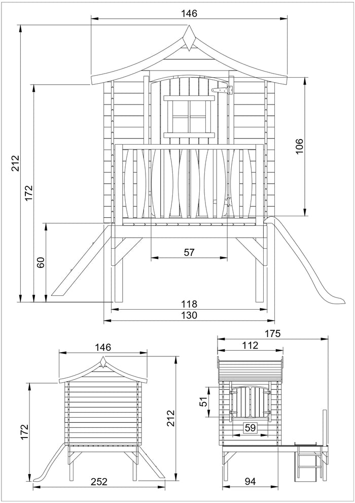 Casetta per bambini in legno con scivolo -  L175xL146xA212cm/ 1,1m2 -  Timbela M550A