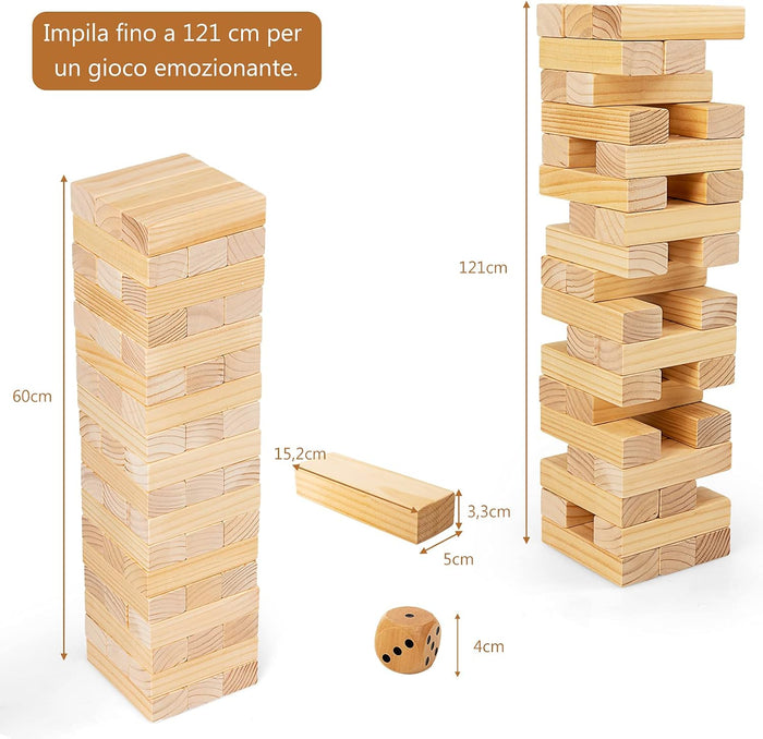 54 Blocchi di Legno di Pino con Angoli Curvi, Mattoncini Giocattoli, Torre di Legno Gigante con Borsa di Trasporto, Ideale per Feste e Party