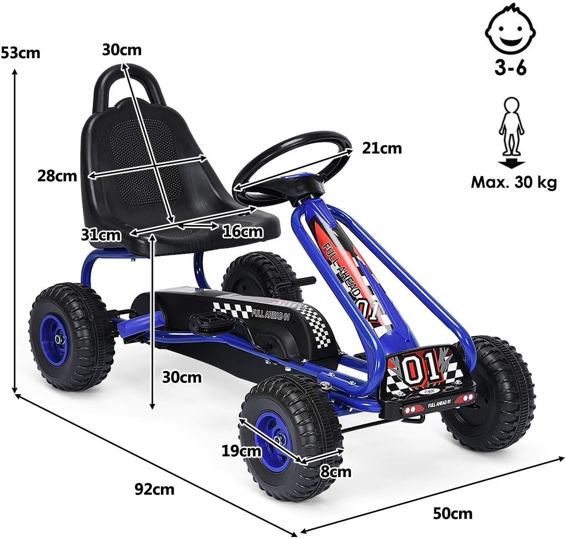 Go Kart a Pedali per Bambini, Go Kart Veicolo con Sedile Regolabile e Freno a Mano, per Bambini 3-6 Anni, Portata Massima 30 kg (Blu)