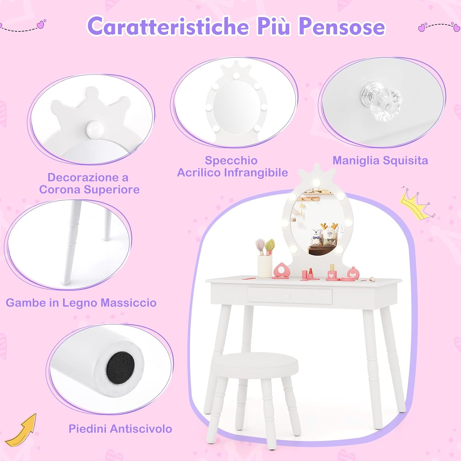 Set Toeletta Trucco per Bambina con Sgabello, Specchiera Trucco Staccabile con Luci LED a 3 Colori, Postazione Trucco Giocattolo con Cassetto e Accessori, per Bambine di 3-7 Anni (Bianco)