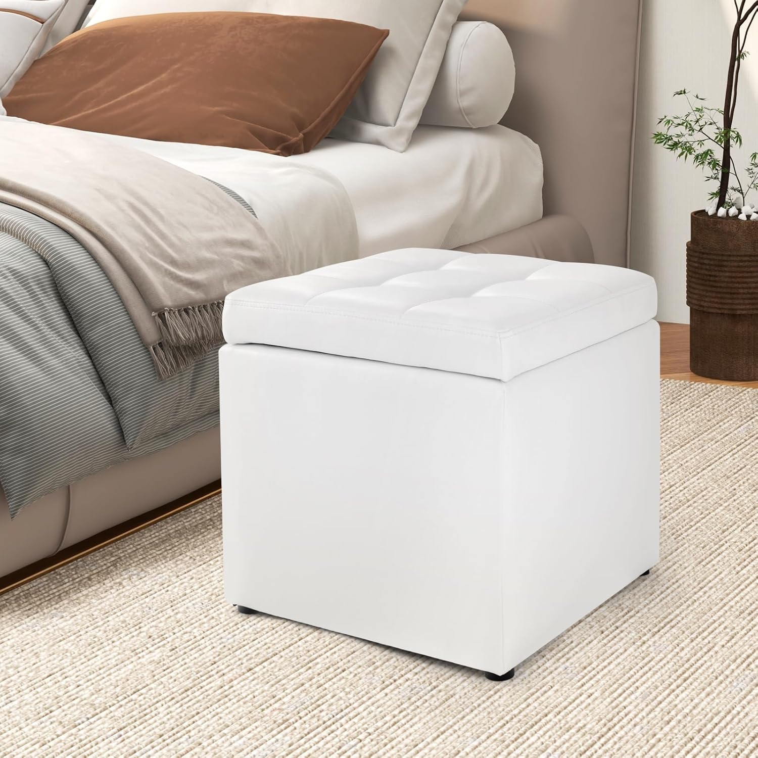 Pouf Contenitore Quadrato in Ecopelle, Pouf Cubo Poggiapiedi Carico Max. 300 kg, 40 x 40 x 40 cm (Bianco)
