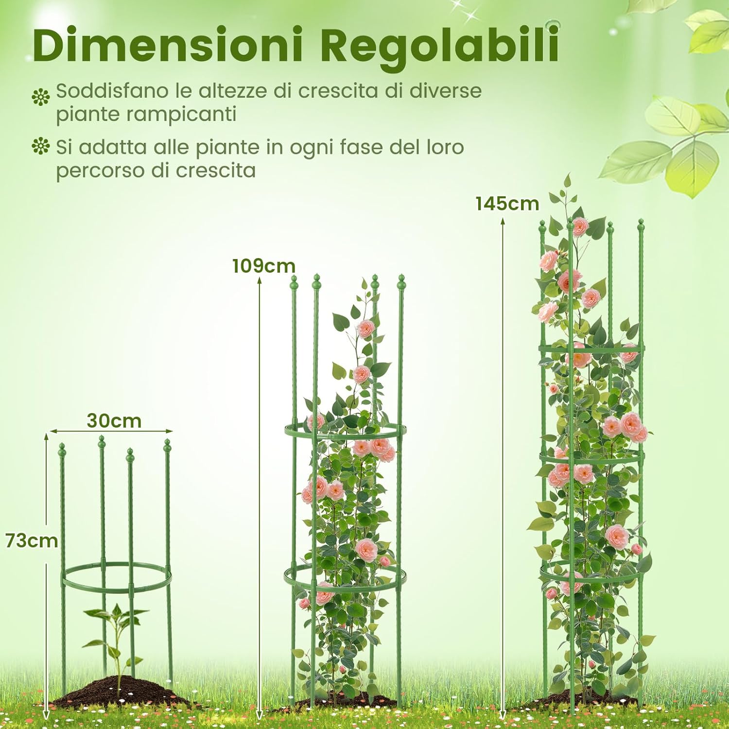 2 Tralicci per Pomodori 145 cm, Obelisco per Piante Rampicanti in Metallo Rivestito in PE, Trellis da Giardino per Verdure, Viti, Fiori e Piante