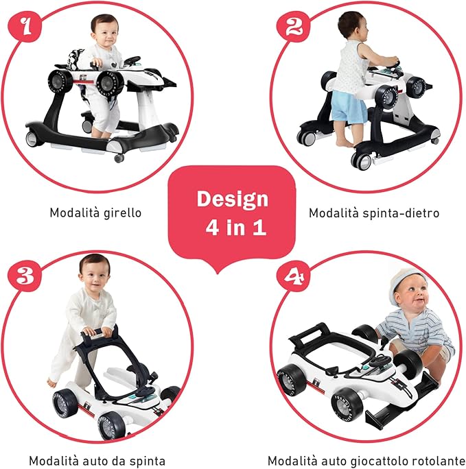 Girello per Bambini 4 in 1, Girello Pieghevole con Altezza e Velocità Regolabili, Carillon con Luci, Volante, Primi Passi per Bambini 6-18 Mesi, Portata 15 kg (Bianco)