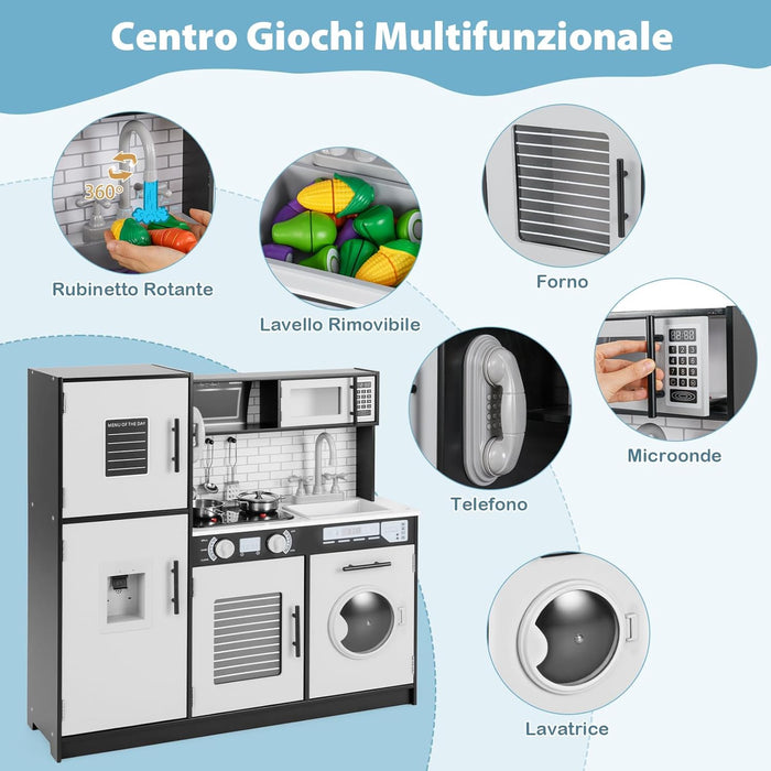 Cucina Giocattolo per Bambini, Cucina Legno per Bambini con Forno, Microonde, Lavatrice, Telefono, Lavello Rimovibile e Rubinetto Rotante, con Luci e Suoni, per Bambini di 3+ Anni (Nero)