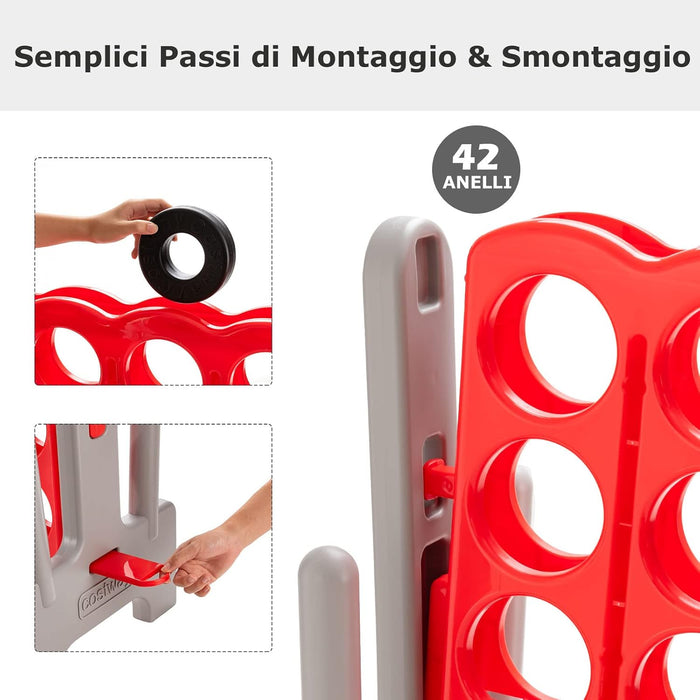 Forza 4 Gigante da 104 cm per Bambini e Adulti, Set Forza 4 per Interni ed Esterni con 42 Anelli Giganti e Dispositivo di Scorrimento a Sgancio Rapido, Perfetto per Feste e Vacanze, Rosso