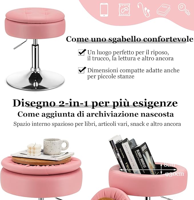 Sgabello Girevole Altezza Regolabile con Portaoggetti, Poggiapiedi Sgabelli da Trucco, Tavolino da Caffè, Sgabello da Lavoro Rotondo in Finta Pelle per Bar, Ufficio, Soggiorno, Camera (Rosa)
