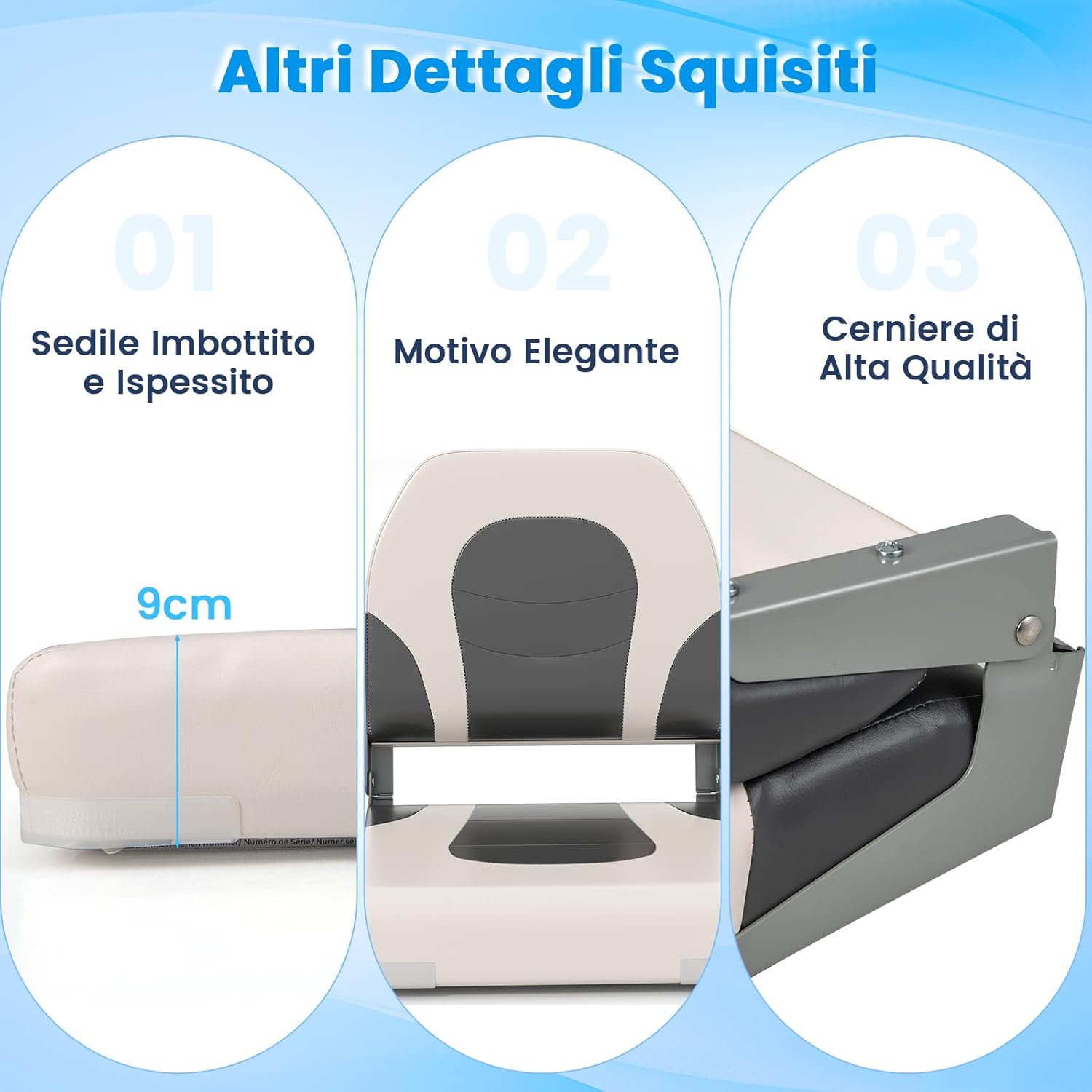 Set di 2 Sedie da Barca, Sedili da Barca Pieghevole Morbide Imbottite Spesse, Sedile Nautica Ergonomico per Imbarcazioni da Pesca, 51 x 42 x 49 cm, Bianco e Girigio