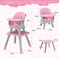 Seggiolone Pappa per Bambini 6 in 1, Seggiolone per Neonati Convertibile, Tavolo per Costruzioni per Bambini, con Imbracatura a 5 Punti, per Bambini da 6 Mesi fino 3 Anni (Rosa)