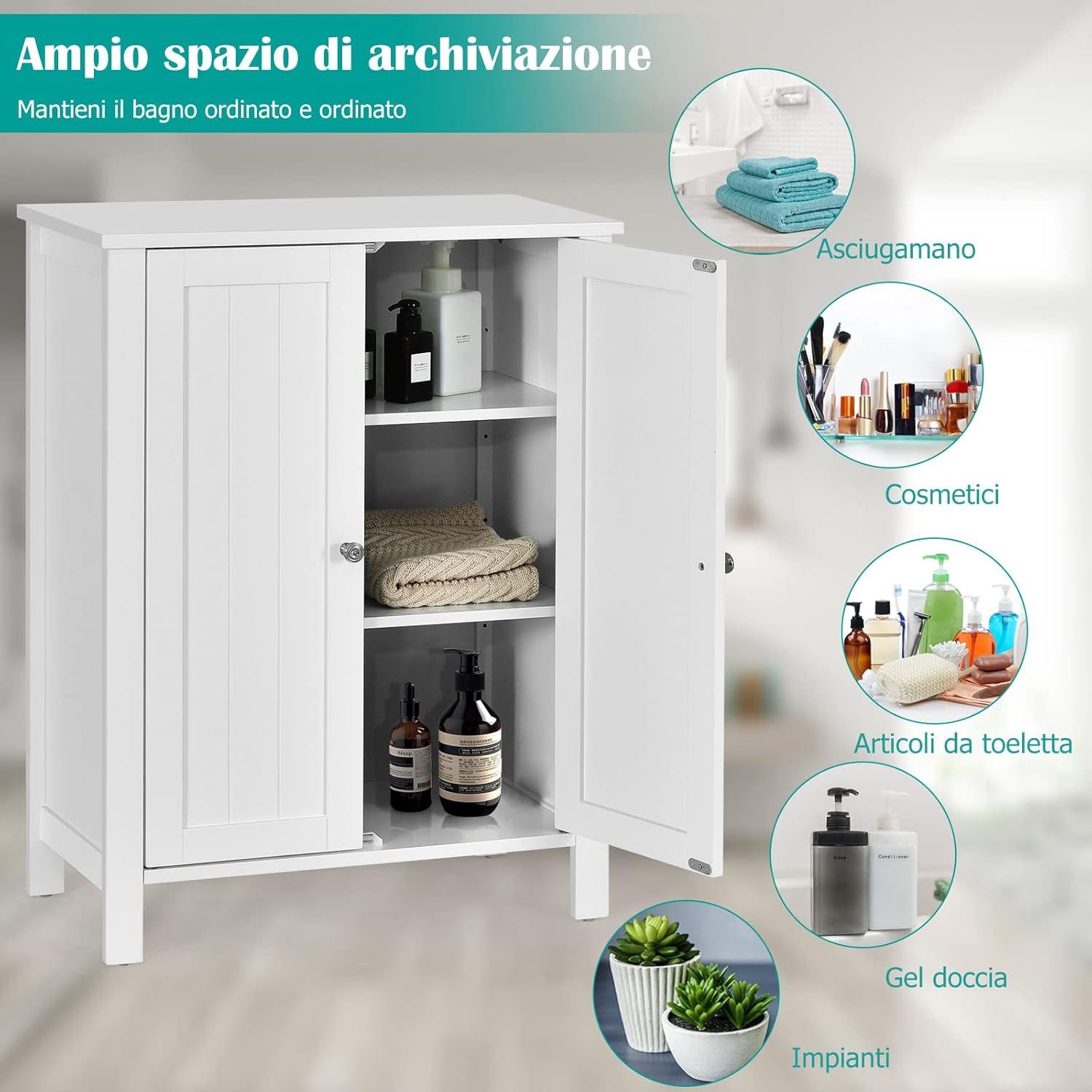 Mobile Bagno con Ripiani 60 x 30 x 80,5 cm, Mobiletto Multiuso con Doppia Anta e Mensola Regolabile, Mobile a Terra Salvaspazio per Casa, Soggiorno e Corridoio (Bianco)