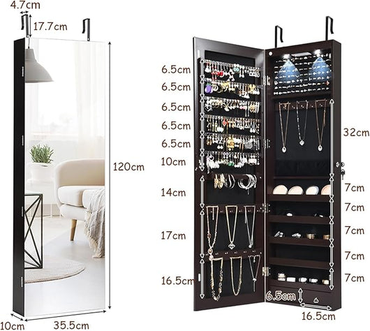 Armadietto per Gioielli con Illuminazione a LED Portagioie da Parete con Specchio, Chiudibile a Chiave, 35,5 x 10 x 120 cm (Nero)