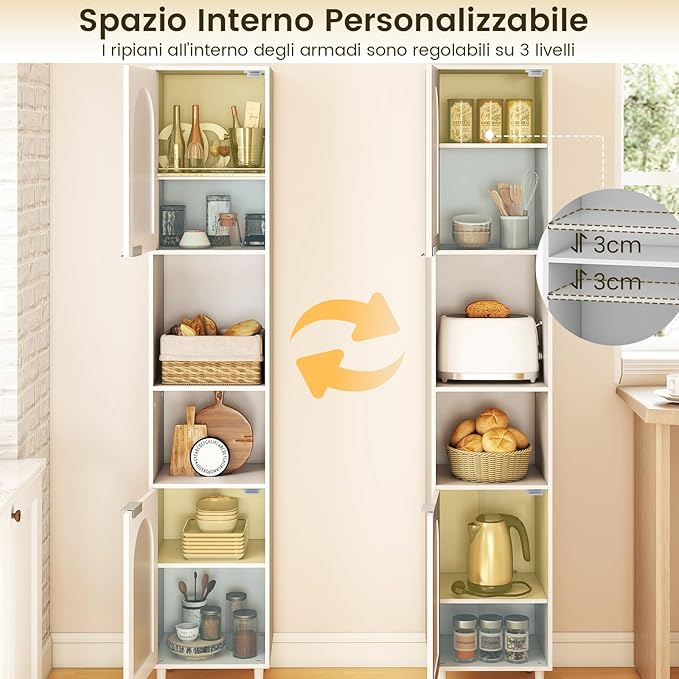 Mobiletto da Bagno, Armadio Alto in Legno con 2 Ante in Vetro Scanalato e Ripiani Regolabile, 35 x 30 x 180 cm, Mobile Salvaspazio per Cucina e Soggiorno